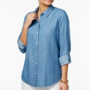 Charter Club Top Button Down Blue Roll Tab Dot